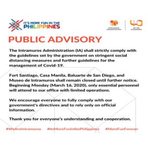 Public Advisory: Sites and museums closed until further notice