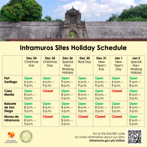 INTRAMUROS SITES HOLIDAY SCHEDULE FOR DECEMBER 2022